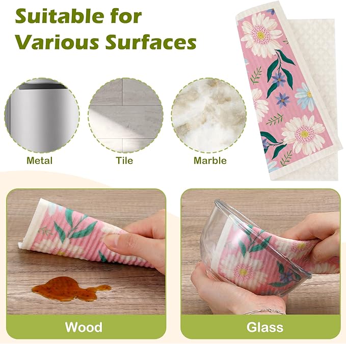 6 Packs Swedish Paper Cloths for Kitchen, Reusable Paper Towels Washable Dish Rags, Highly Absorbent Kitchen Towels Quick Drying Swedish Sponge Cleaning Dish Cloths(Colorful Floral-2)