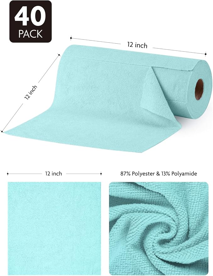 Fantasticlean Microfiber Cleaning Cloth Roll -40 Pack, Tear Away Microfiber Towels, 12" x 12", Reusable, Washable, Scratch Free, Ultra Absorbent Dishcloth for All-Around Cleaning Supplies (Blue)