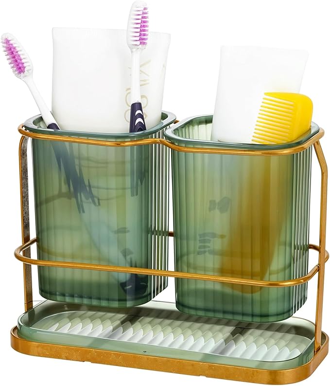 Green Toothbrush Holders for Bathrooms, 2 Cups Toothbrush Holders for Bathrooms Countertop Organizer, Dry & Wet Separation, Bathroom Organizers and Storage, Bathroom Toothbrush Holder Set for Family