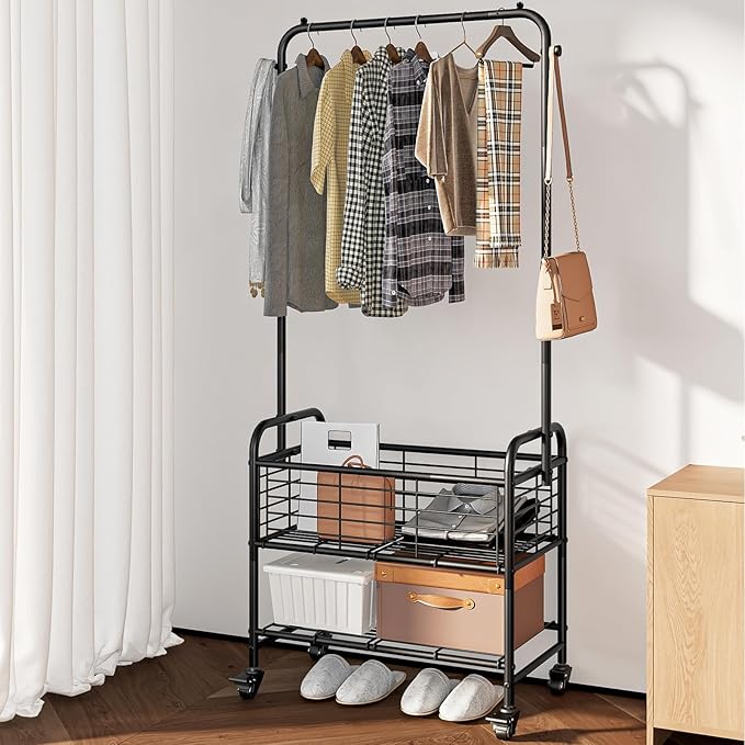 SUOERNUO Laundry Cart with Hanging Rack Rolling Laundry Hamper Sorter with Wheels Shelf,Black