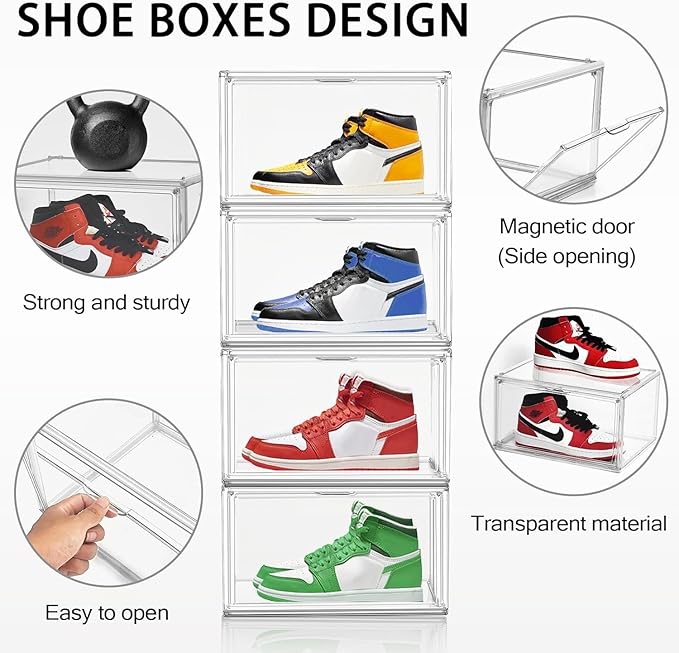 5 Pack Acrylic Shoe Box Size 14, Clear Plastic Stackable Sneaker Shoe Display Case Transparent Storage Bins Handbag Organizer Containers with Magnetic Lids, Figures Collectibles Showcase