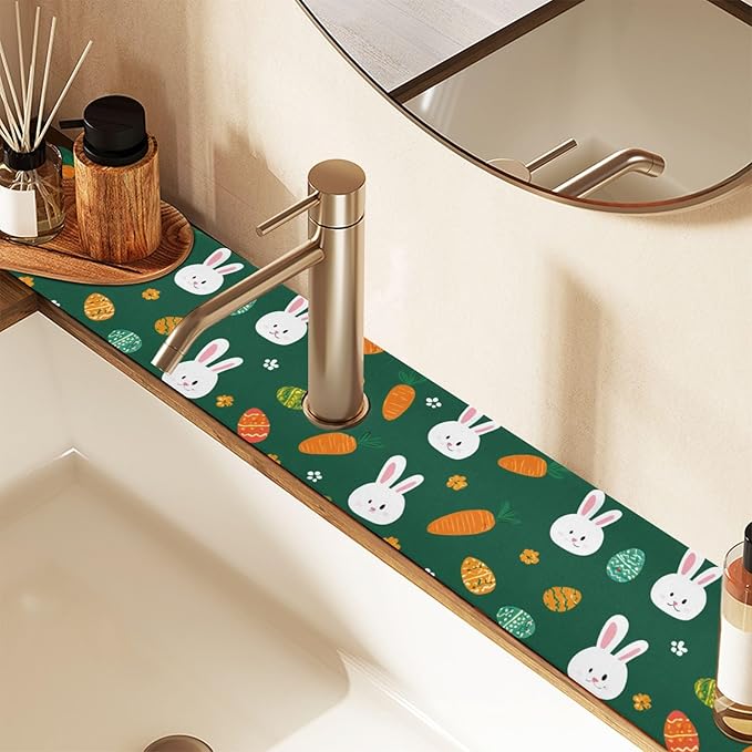 Kitchen Sink Splash Guard 2 PCS 14.7 Inch Sink Faucet Mat Splash Guard for Bathroom Countertop Water Absorbent Foldable Cuttable Soft Washable Deep Green Easter Rabbit Eggs Carrots