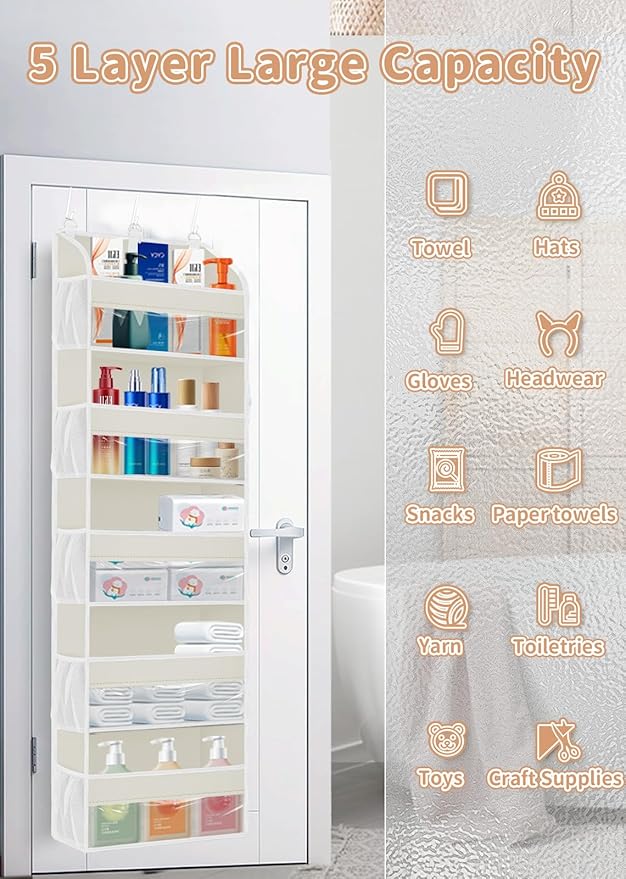 1 Pack Over The Door Storage Organizer with 5 Pockets 10 Mesh Pockets, 44 lbs Weight Capacity Door Hanging Organizers and Storage for Bedroom,Bathroom,Nursery,Kidroom,Babyroom