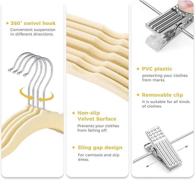 VECELO 40 Pack Velvet Clothes Hangers with Adjustable Clips,Heavy-Duty Non Slip & Space-Saving with 1 Magic Hangers & 2 Tie Rack for Suit Coat Pants Skirt Dresses