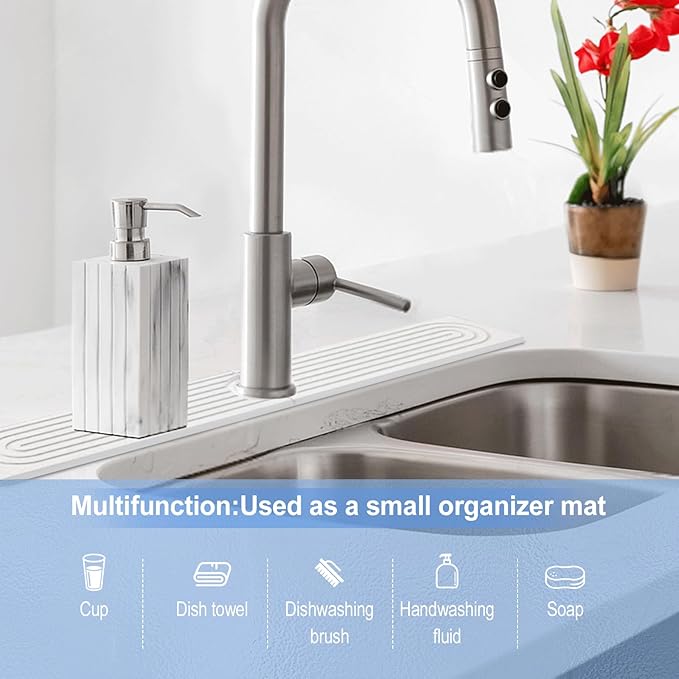 Stone Faucet Mat for Kitchen Sink- 15.6''x 3.9''Diatomite Fast-Drying Faucet Mat, Super Water Absorbing Stone Tray for Sink,Faucet Splash Guard for Bathroom Counter (White)