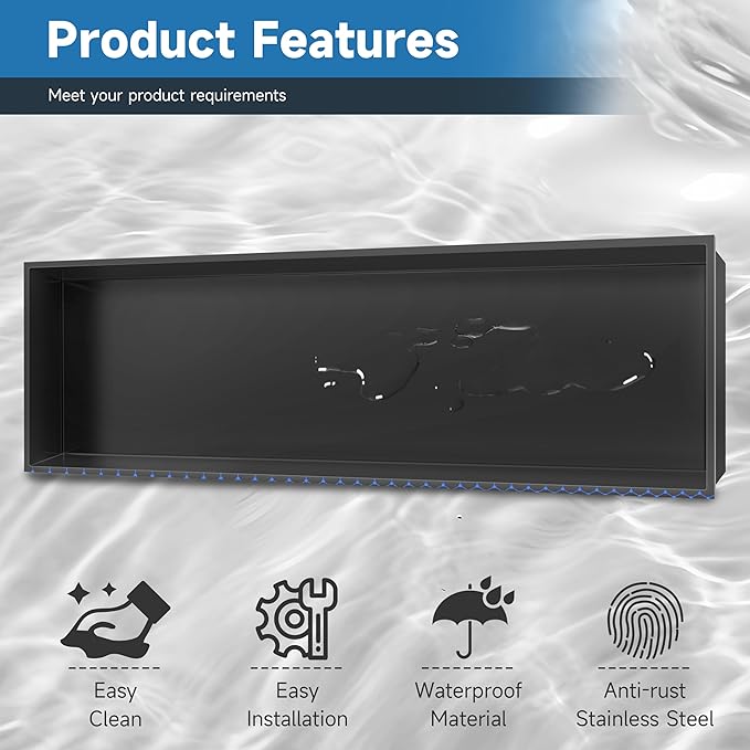 BATHFINESSE Shower Niche Insert Tile Ready, Bathroom Livingroom Wall Niche, Long Shower Niche 37" X 13", Black, No Tile Needed Over Mount Installation
