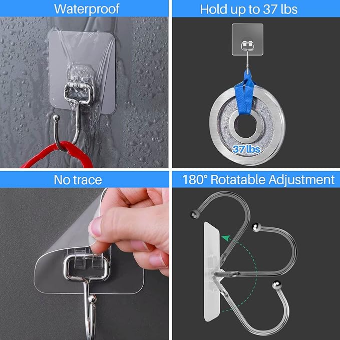 Antimbee 50 Pack Clear Adhesive Hooks, 37lb(Max) Heavy Duty Self Adhesive Hooks, Sticky Wall Hook with No Damage and Quick Assembly, Waterproof Bathroom Kitchen Wall Accessories Hanger and Holder