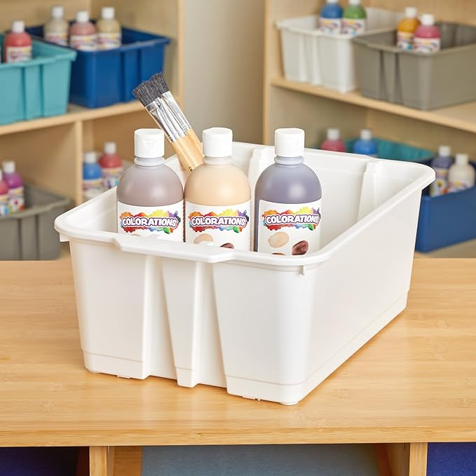 Really Good Stuff Stacking Bins, 14" x 10" x 5 .75" - 6 Pack, White, Stackable Storage Plastic Bins for Classroom Organization, Home Storage, Office & Hospital Supplies