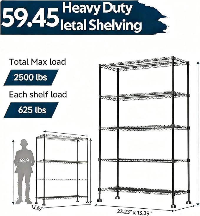 Simple Deluxe 5-Tier Heavy Duty Adjustable Shelf with Wheels, 23.23”W x 13.39”D x 59.45”H,Metal Storage Rack, Easy Tool-Free Assembly for Garage, Warehouse, Basement, Laundry, Black