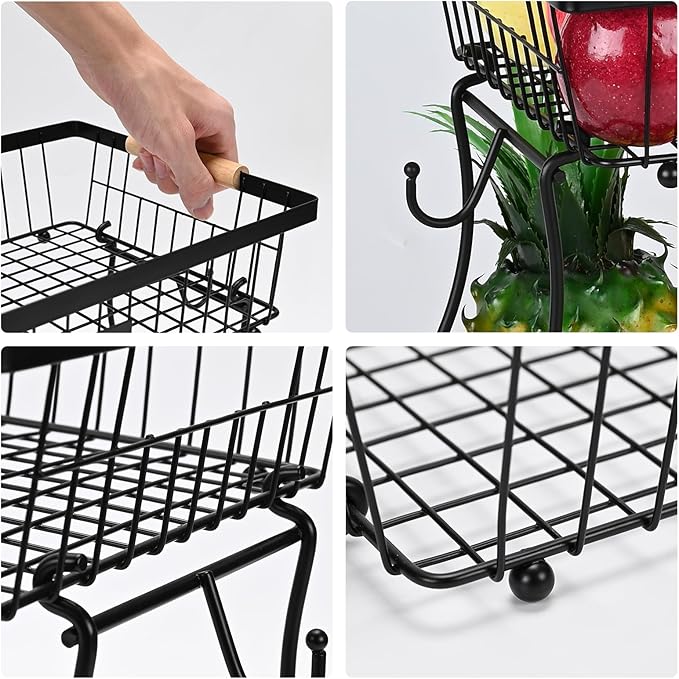 Fruit Basket Bowl 2 Tier Detachable with 2 Banana Hangers, Fruit Stand Holder for Kitchen Countertop, Metal Wire Vegetable Storage Organizer, for Bread Snack Veggies Produce, Black