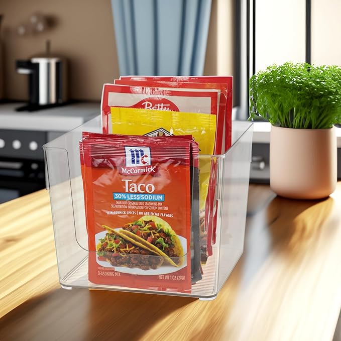 Snack Organizer, Clear Storage Cube Bin, Freezer Organizer Bins, Plastic Food Seasoning Packet Holder for Kitchen Cabinet, Pantry, Shelf, Drawer, Fridge Organization, 7 Inch
