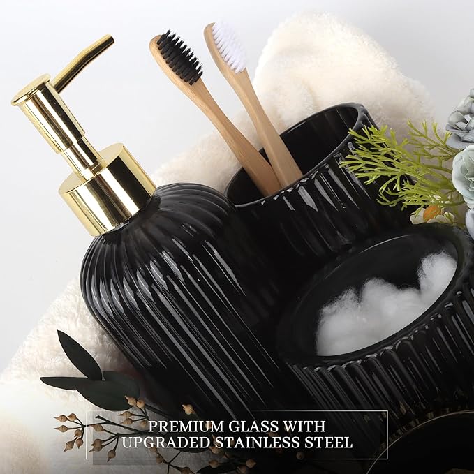 Designer Black Glass Bathroom Accessories Sets - 4 Pcs with Lotion Soap Dispenser, Bathroom Toothbrush Holder, Vanity Tray, and Apothecary Jar, Vintage Bathroom Decor, Gift Countertop Organizer