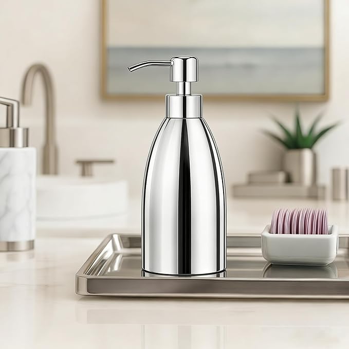 304 Stainless Steel Soap Dispenser 16oz Rust-Proof Liquid Soap Pump Bottle for Kitchen or Bathroom Countertop Hand Dish Lotion Leak-Proof (Mirror Stainless Steel)