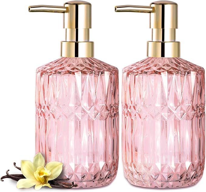 EMPO Clear Glass Soap Dispenser with ABS Plastic Pump, Lotion Dispensers for Kitchen, Bathroom (2pack Light Pink)