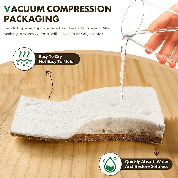 COBETE 12 Pack Natural Biodegradable Kitchen Non Scratch Sponges,Compostable Plant Based Coconut Cellulose Sponge,Eco Friendly Reusable Dish Scrubber Sponge for Pots, Pans & Household Cleaning