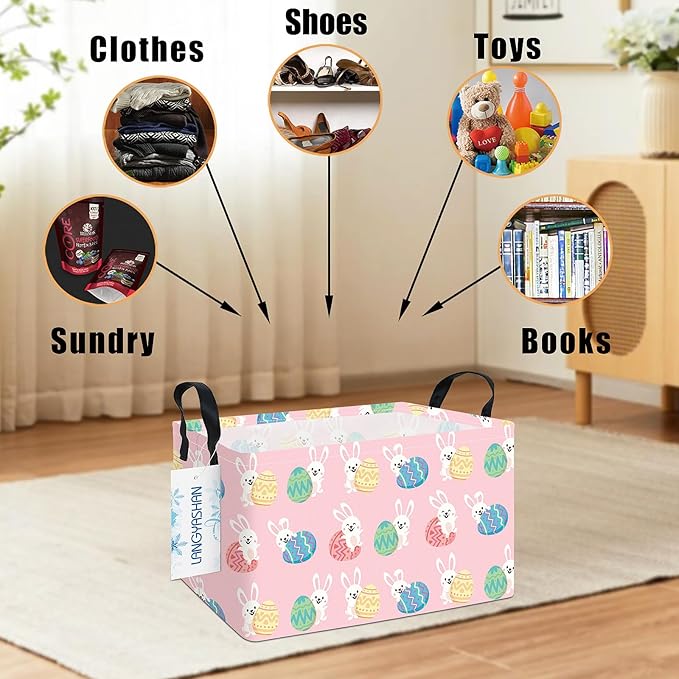 LANGYASHAN Rectangular Storage Bin Collapse Canvas Fabric Cartoon Storage Basket with Handles for Organizing Home Kitchen Boys and Girls Toys Office Closet Shelf Baskets (Rec Pink Rabbit Easter Egg)