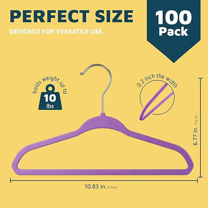 Purple Velvet Kids Hangers 100 Pack, 10.83" Non-Slip Baby & Toddler Hangers for Clothes, Space-Saving Slim ABS Plastic with 360° Swivel Hook & Notched Shoulders, Up to 10 lb Capacity