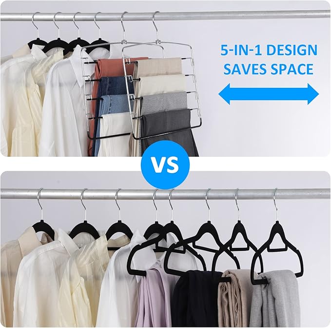 Pants Hangers 2 Pieces,5 Tier Closet Organizers and Storage Clothes,Hangers Space Saving with Swing Arm,Multiple Metal Hanger Clothes Organization for Pants Trousers Jeans Leggings Slacks