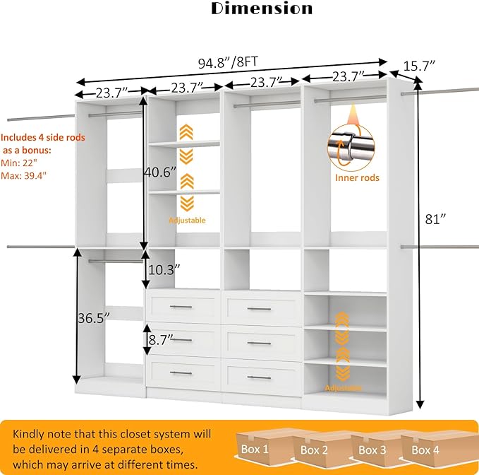 Closet System with 4 Sets, Closet Organizer Systems with 6 Drawers & 8 Hanging Rods & Adjustable Shelves, Walk in Closet Freestanding Closet System Modular Closet System Set White