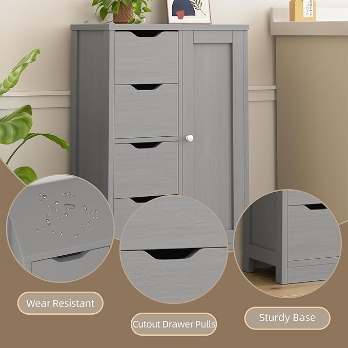 Walsunny Bathroom Floor Storage Cabinet, Wooden Storage Organizer with 4 Drawers and 1 Cupboard, Freestanding Entryway Storage Unit Console Table(Gray)