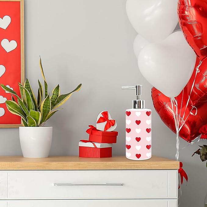 JarThenaAMCS Valentine's Day Soap Dispenser Glass Dispenser with Pump Refillable Pink Red White Heart Liquid Soap Container for Kitchen Bathroom Countertop Decor