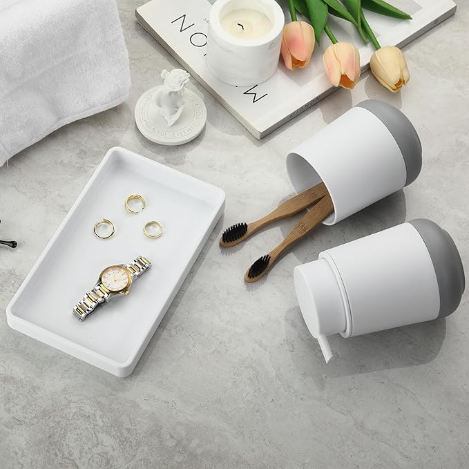 White Bathroom Countertop Accessories Set - Soap Dispenser and Toothbrush Holder with Silicone Boot,Vanity Tray (White Liquid)