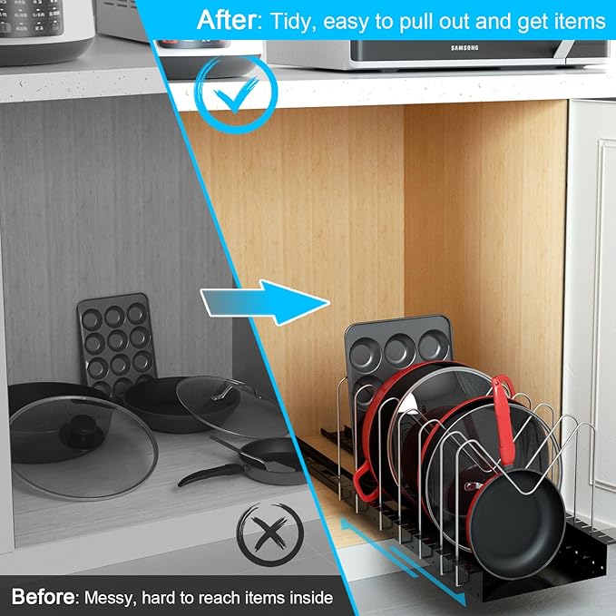 Golener 4 Adjustable Dividers Pull Out Pots and Pans Organizers - Optional Dividers Sliding Pot Lid Holder in Kitchen and Slide Out Cabinet Storage of Lids, Bakewares and Pots