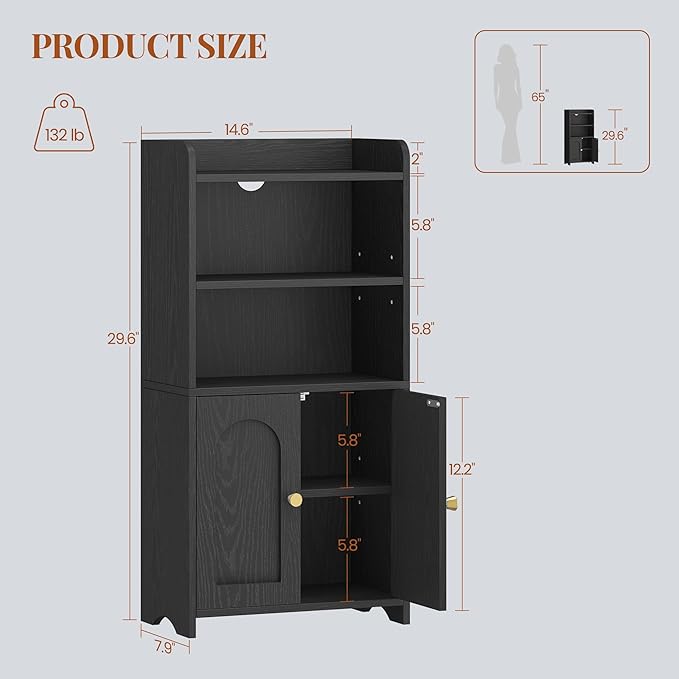 Small Bathroom Storage Cabinet, Bathroom Organizers and Storage with 2 Doors and Shelves, Floor Cabinet Freestanding with Adjustable Shelf for Small Spaces, Black 7.9" D x 14.6" W x 29.6" H