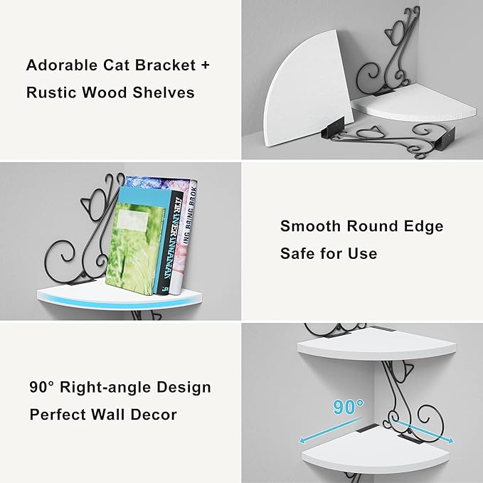 Alsonerbay Floating Corner Wood Shelves, 4 Tier Wall Mounted Rustic Storage Shelf, Cat Shaped Shelving for Wall, Solid Wooden Decor for Living Room, Bedroom, Kitchen, Bathroom, Office White