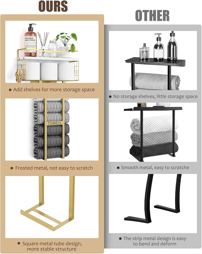 Towel Racks for Bathroom - Wall Mounted Metal Rack with Wood Plank, Bathroom Storage Organizer, Towel Holder Stores 6 Large Rolled Towels Easily, Gold and Size XL 31"