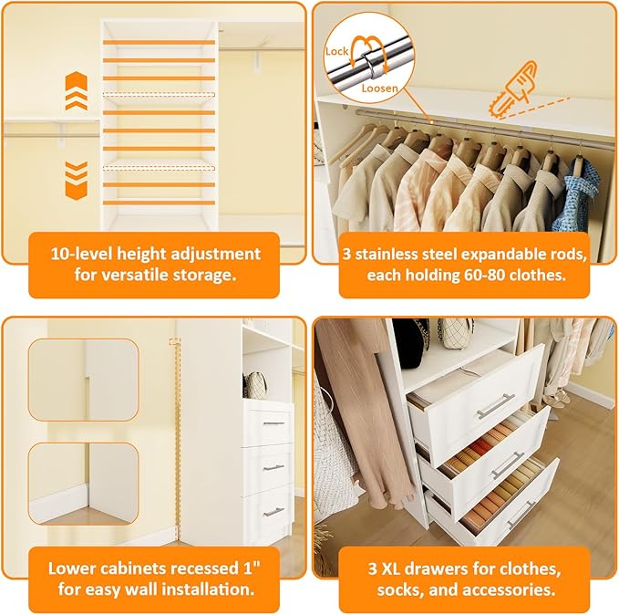 Closet System with Drawers, 5FT-8FT Closet Organizer System with Shelves & Expandable Hanging Rods, 96" Walk in Storage Closet System Wood, White