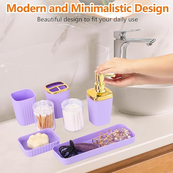 Purple Bathroom Set, 23 PCS Purple Bathroom Accessories Set with Shower Curtains, Trash Can, Toothbrush Holder, Soap Dispensers, Toothbrush Cup, Vanity Tray, Soap Dish, Toilet Brush, Qtip Holders