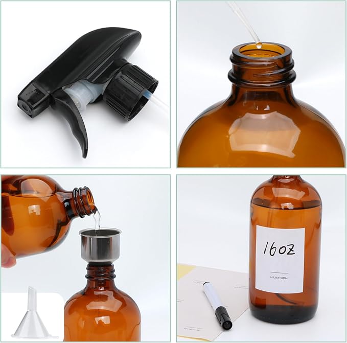 16oz Amber Glass Spray Bottles,Glass Spray Bottles for Cleaning,spray Bottle for Hair,Amber glass Spray Bottle for Window cleaner, plants, aromatherapy, facial hydration, hair care, flowers 12pcs
