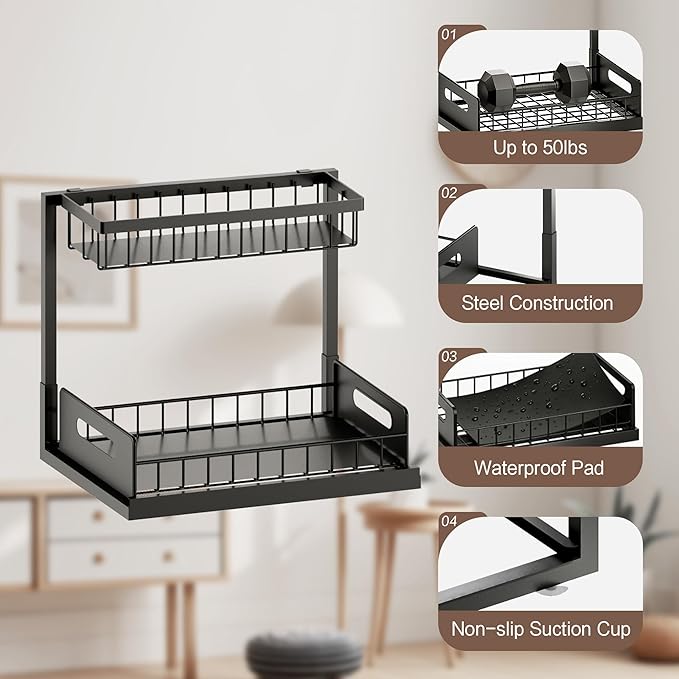 VUSIGN Under the Sink Organizer, 2-Tier Pull Out Cabinet Organizer, Metal Slide Out Storage for Bathroom Kitchen, 1 Pack, Black