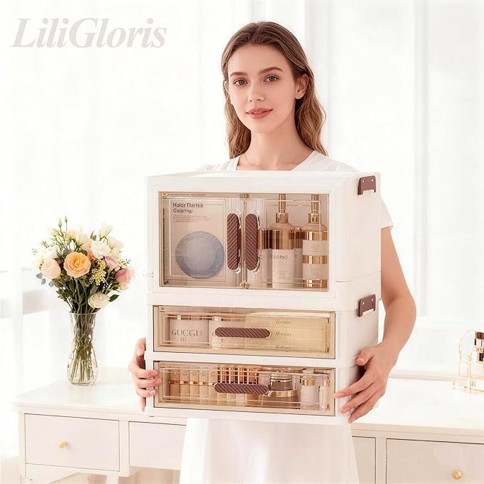 A stackable desktop organizer with drawers and compartments, ideal for storing cosmetics, beauty tools, jewelry, and school supplies in a student dorm. Features a convenient magnetic door handle.