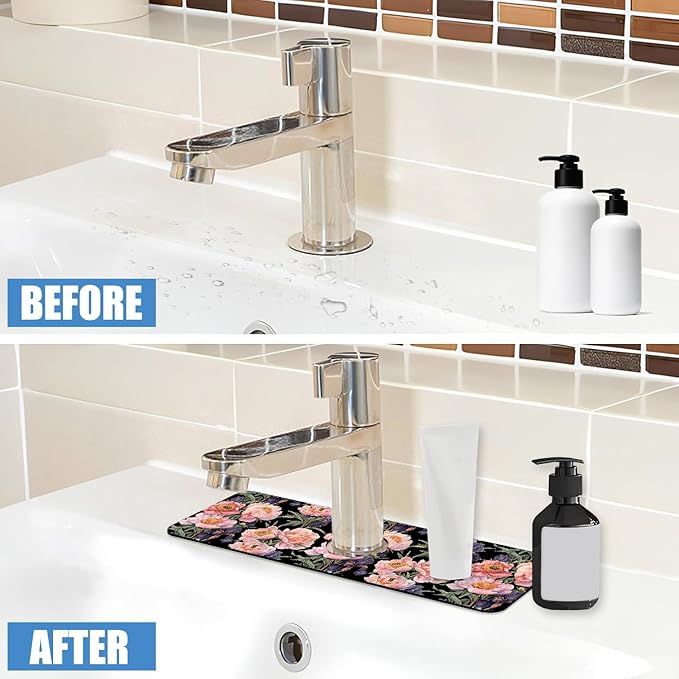 Sink Splash Guard Faucet Mat Peony and Iris Flowers Absorbent Fast Drying Mat Sink Gadgets Splash Guard Behind Faucet Drip Catcher for Kitchen Bathroom 15.5"X5.5"