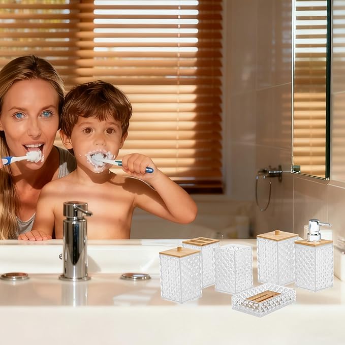 Bathroom Accessory Set,6 Pcs White Bathroom Set Include Soap Dispenser, Qtip Holder Dispenser, Soap Dish,Toothbrush Holder & Mouthwash Cup.Boho Bathroom Set
