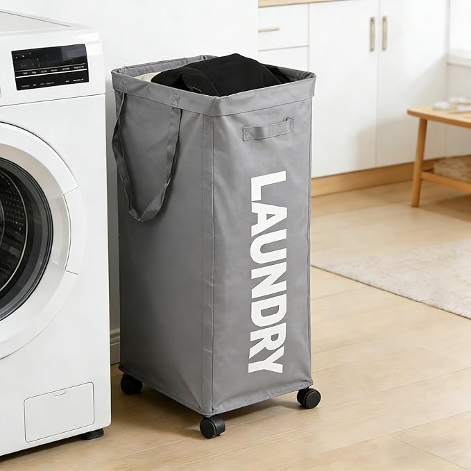 90L Laundry Basket with Wheels,Laundry Hamper with Removable Wash Bag, Rolling Clothes Hamper, Foldable Dirty Clothes Basket on wheels for Bedroom, Dorm, Laundry Room, Grey