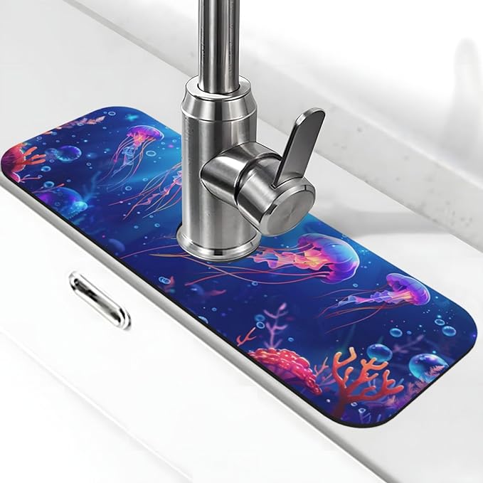 Faucet Draining Mat For Kitchen Sink, Ocean Jellyfish Corals Diatom Mud Absorbent Drain Pad For Bathroom Kitchen Sink Splash Guard Drying Mat