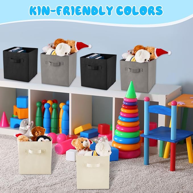 Yinder 12 Pcs Cube Storage Bin Grey 11'' Storage Bins for Playroom Decor Colorful Bins for Kids Foldable Baskets for Nursery Organizer Boxes Fabric Boxes