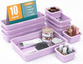 10 PCS Drawer Organizer Set, 4 Size Makeup Drawer Divider Organizer With Non-Slip Pads, Interlocking Plastic Storage Bins for Office,Jewelry Vanity,Gadgets, Bathroom,Kitchen, Purple