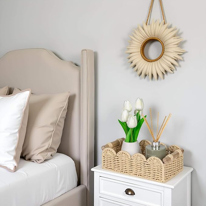 CubesLand Scalloped Edge Toilet Paper Storage Basket, Living Room Home Cozy Decor Basket, Paper Rope Small Baskets for Over Toilet Storage Shelf, End Table, Shelves, with 2 Wooden Handles, Beige