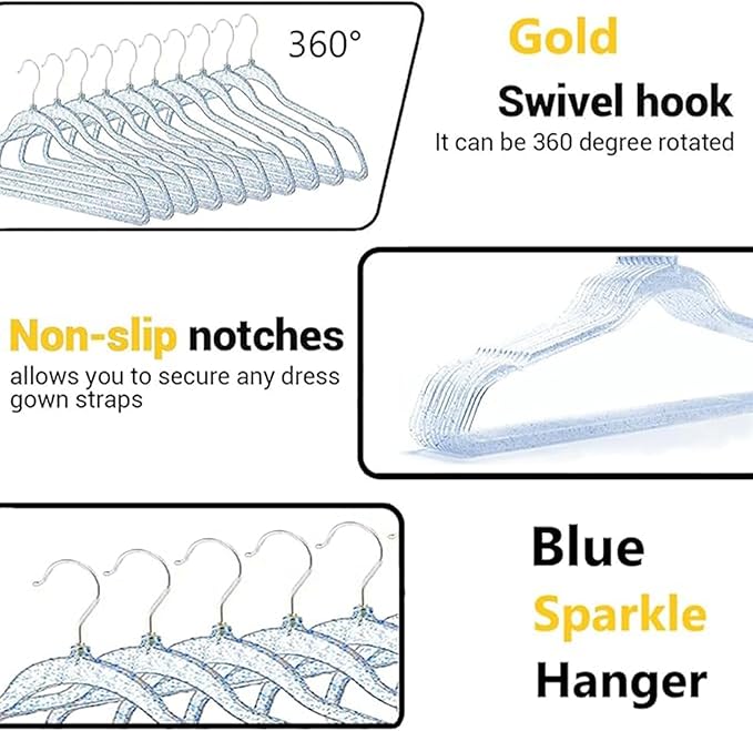 Blue Clothes Hangers 16", 20 Pack Plastic Clear Coat Hanger for Adult Closet, Durable Bling Ganchos de Ropa with Swivel Hook, Notched Shoulders & Ultra-Thin Space Saving Laundry Hanger for Dress Suits