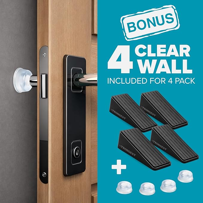Strongest Home Heavy Duty Door Stop Wedge Made of Premium Quality Zinc and Rubber Suits Any Door, Any Floor. Set of 4 and Additional Self-Adhesive Wall Protectors
