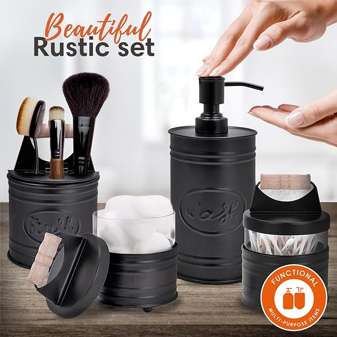 Autumn Alley Rustic Bathroom Accessories Set Black Farmhouse Soap Dispenser, Matte Black Toothbrush Holder, 2 Apothecary Jars Qtip Holder Glass - Rustic Bathroom Decor, Farmhouse Bathroom Accessories
