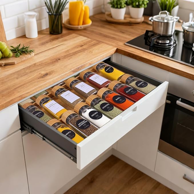 Bamboo Spice Rack for Drawer with 12 Jars,4 Tier Stackable Seasoning Storage Organizer Insert,for kitchen condiments storage insert（Combined Size:18.9" D x 9.5" W x 1.8" H）