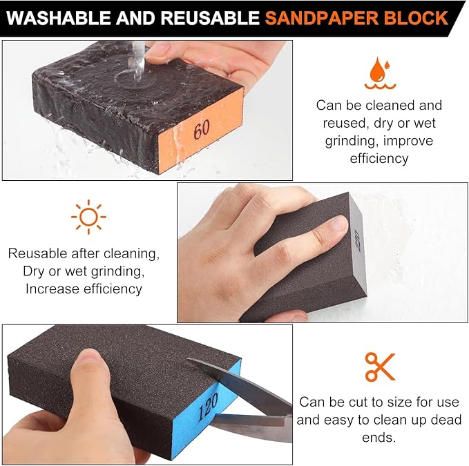 Romeda 12-Pack Sandpaper Block, Four Grits Per Pack 220/180/120/100/80/60, Washable and Reusable Handmade Sanding Sponge, Drywall Sandpaper Blocks for Wooden Drywall Sheetrock and Metal Glazing
