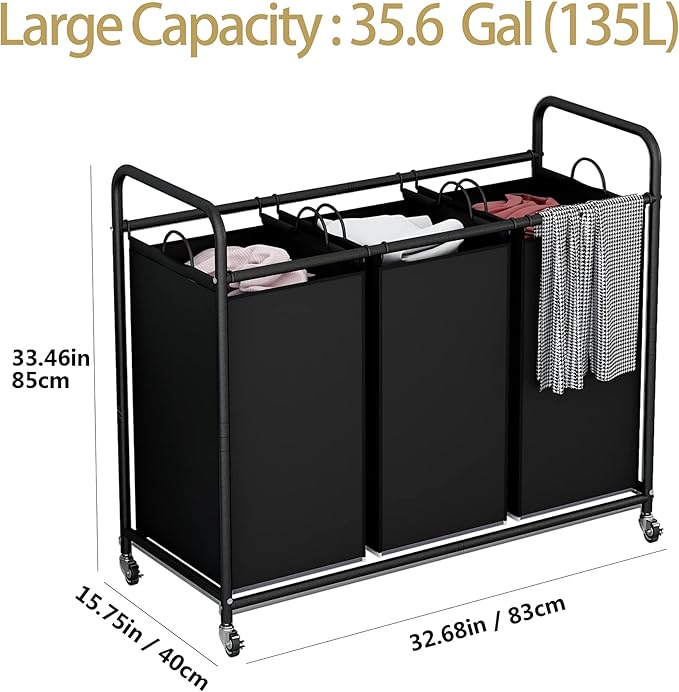 LINZINAR 3-Bag Laundry Basket, Black Laundry Hamper, 35.6 Gal(135 L) Laundry Sorter Cart Laundry Room Organization with Heavy Duty Rolling Lockable Wheels and Removable Bags