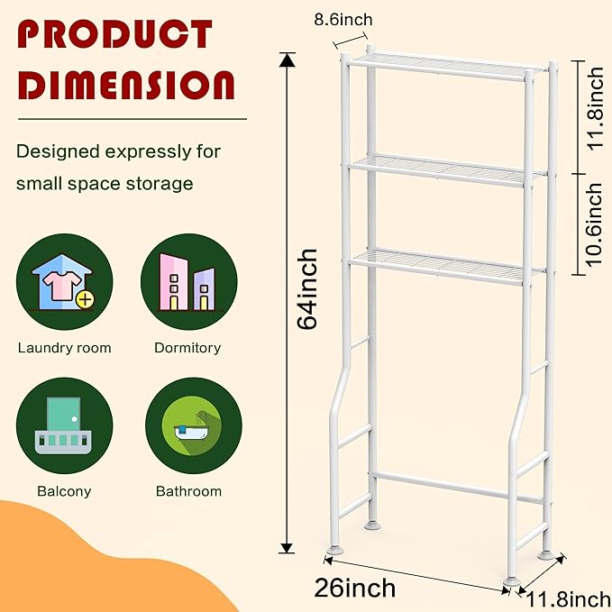 3-Tier Over Toilet Storage Rack, Metal Over Toilet Bathroom Organizer Shelf, Freestanding Space Saver Storage Shelves for Bathroom/Laundry/Living Room (White)