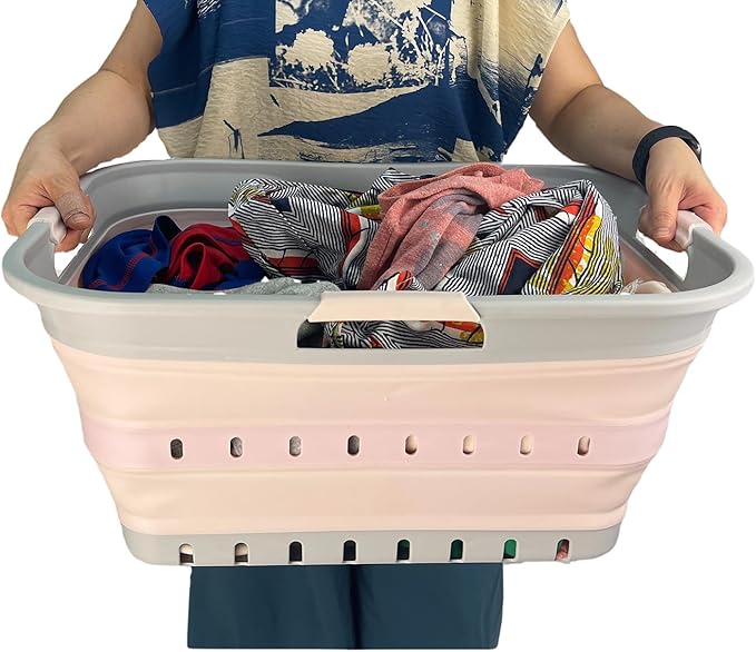 SAMMART 42 (11 Gallons) Collapsible Plastic Laundry Basket, Foldable Pop Up Storage Container/Organizer, Space Saving Hamper, Portable Bin for Dorm Room Bathroom (2, Grey/Pink)